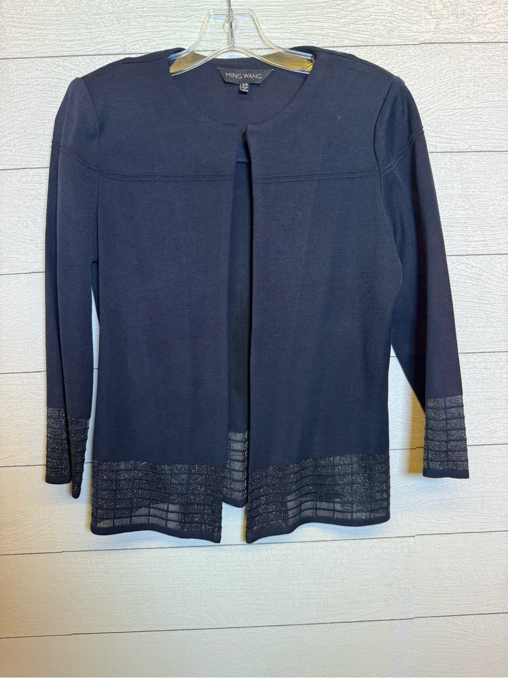 Ming Wang Navy Open-Front Cardigan with Metallic Mesh Hem Detail Size XS